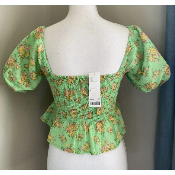 NWT Urban Outfitters Shirt Smocked Poof Sleeve Linen Green Pink Floral S New - Picture 2 of 4
